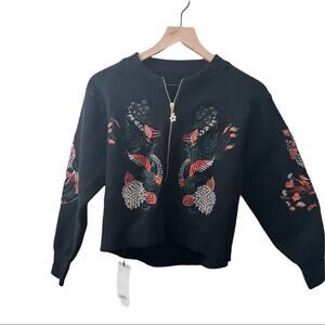Elenyun Wool Blend Full Zip Black Embroidered Long Sleeve Cardigan One Size
